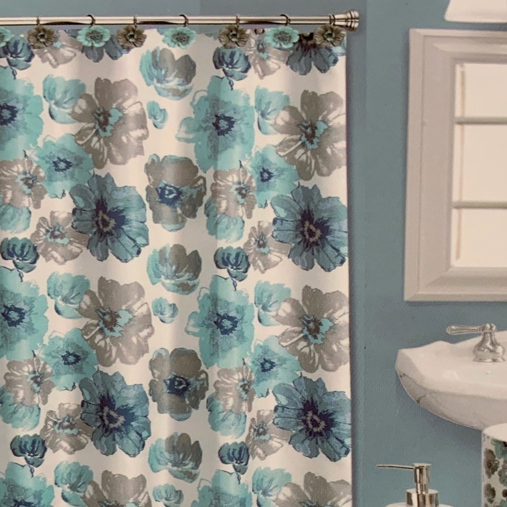 Today’s Living Floral Fabric Shower Curtain White Blue Tan- Clay 72 X 72 in - Picture 2 of 15